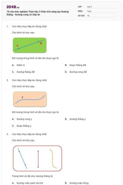 10 câu trắc nghiệm Toán lớp 2 Chân trời sáng tạo Đường thẳng - Đường cong có đáp án