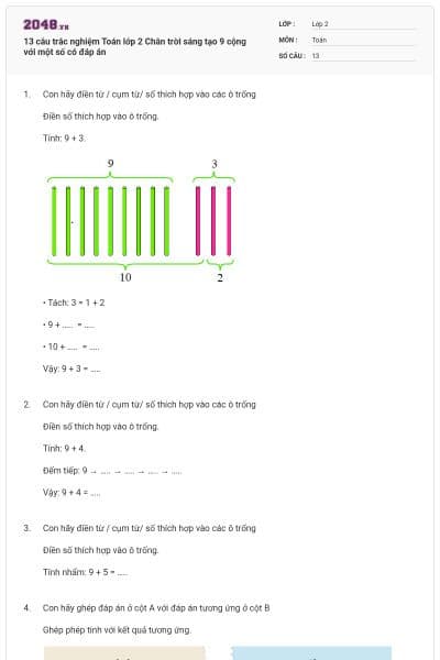 13 câu trắc nghiệm Toán lớp 2 Chân trời sáng tạo 9 cộng với một số có đáp án