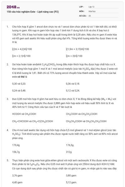 150 câu trắc nghiệm Este - Lipit nâng cao (P2)