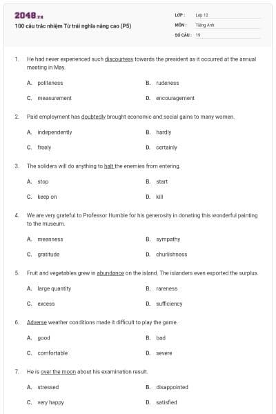 100 câu trắc nhiệm Từ trái nghĩa nâng cao (P5)