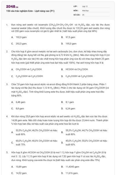 150 câu trắc nghiệm Este - Lipit nâng cao (P1)