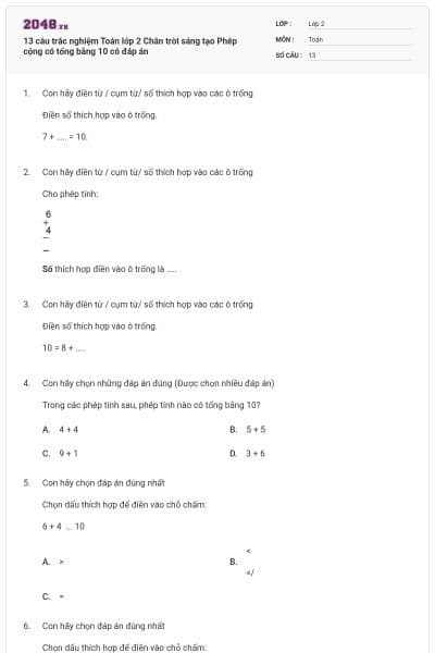 13 câu trắc nghiệm Toán lớp 2 Chân trời sáng tạo Phép cộng có tổng bằng 10 có đáp án