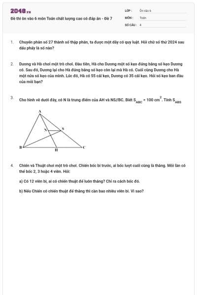 Đề thi ôn vào 6 môn Toán chất lượng cao có đáp án - Đề 7