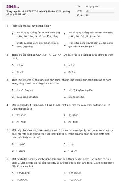 Tổng hợp đề thi thử THPTQG môn Vật lí năm 2020 cực hay có lời giải (Đề số 1)