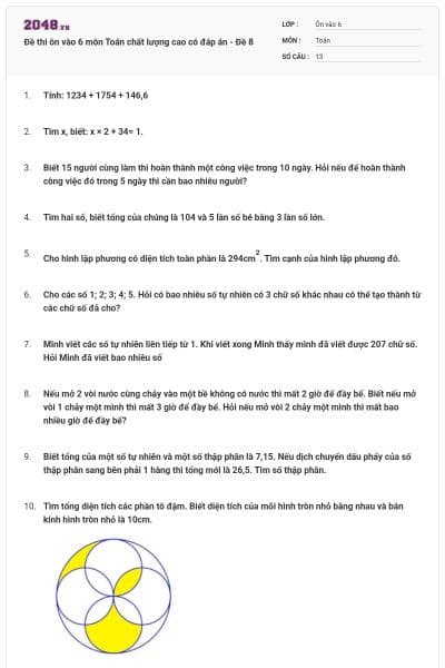 Đề thi ôn vào 6 môn Toán chất lượng cao có đáp án - Đề 8