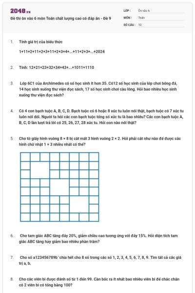 Đề thi ôn vào 6 môn Toán chất lượng cao có đáp án - Đề 9