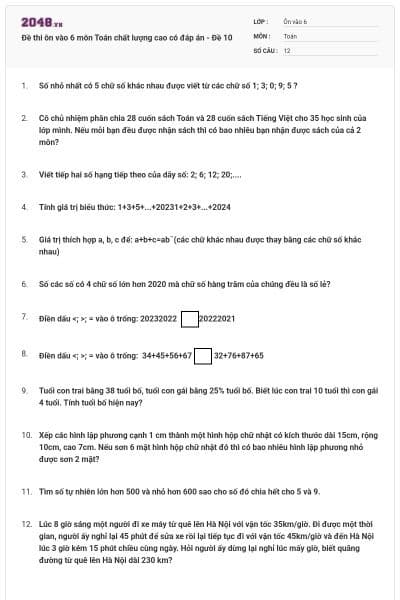 Đề thi ôn vào 6 môn Toán chất lượng cao có đáp án - Đề 10