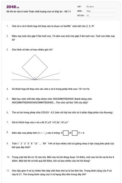 Đề thi ôn vào 6 môn Toán chất lượng cao có đáp án - Đề 11