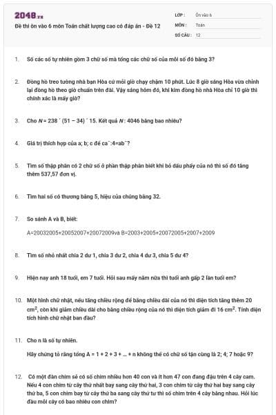Đề thi ôn vào 6 môn Toán chất lượng cao có đáp án - Đề 12