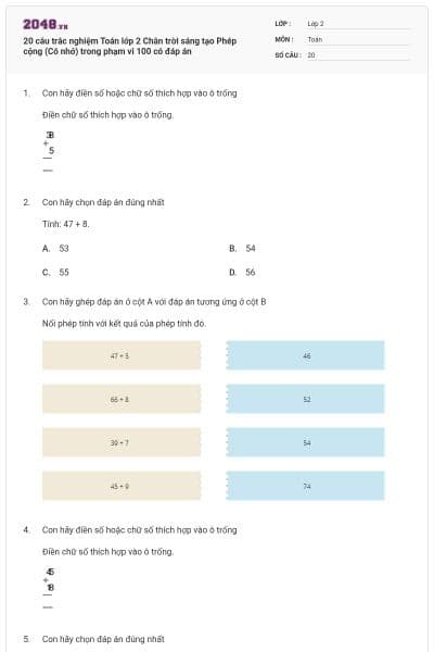 20 câu trắc nghiệm Toán lớp 2 Chân trời sáng tạo Phép cộng (Có nhớ) trong phạm vi 100 có đáp án