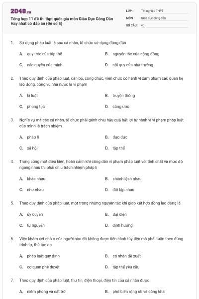 Tổng hợp 11 đề thi thpt quốc gia môn Giáo Dục Công Dân Hay nhất có đáp án (Đề số 8)