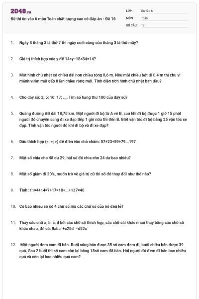 Đề thi ôn vào 6 môn Toán chất lượng cao có đáp án - Đề 16