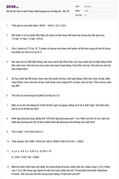 Đề thi ôn vào 6 môn Toán chất lượng cao có đáp án - Đề 18