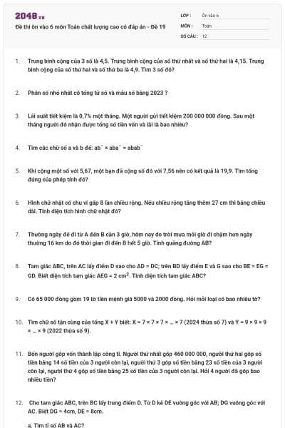 Đề thi ôn vào 6 môn Toán chất lượng cao có đáp án - Đề 19