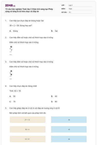 15 câu trắc nghiệm Toán lớp 2 Chân trời sáng tạo Phép cộng có tổng là số tròn chục có đáp án
