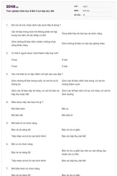 Trắc nghiệm Sinh học 8 Bài 4 (có đáp án): Mô