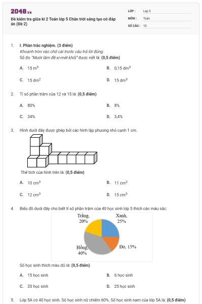 Đề kiểm tra giữa kì 2 Toán lớp 5 Chân trời sáng tạo có đáp án (Đề 2)