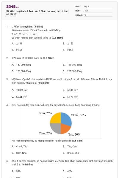 Đề kiểm tra giữa kì 2 Toán lớp 5 Chân trời sáng tạo có đáp án (Đề 3)