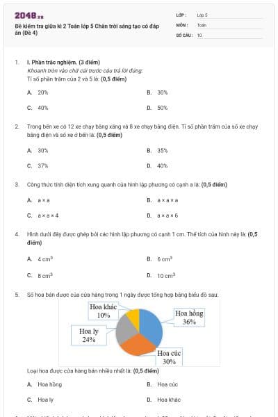 Đề kiểm tra giữa kì 2 Toán lớp 5 Chân trời sáng tạo có đáp án (Đề 4)