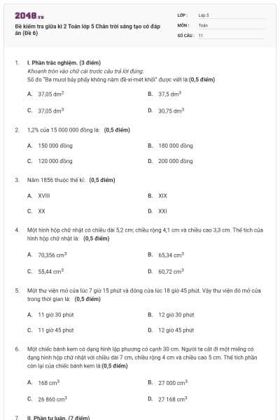 Đề kiểm tra giữa kì 2 Toán lớp 5 Chân trời sáng tạo có đáp án (Đề 6)