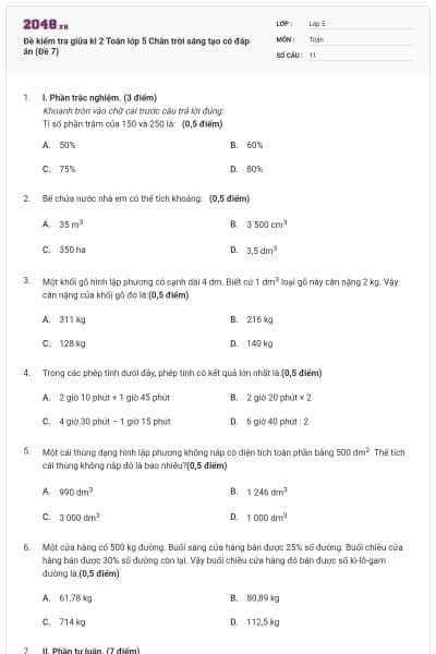 Đề kiểm tra giữa kì 2 Toán lớp 5 Chân trời sáng tạo có đáp án (Đề 7)