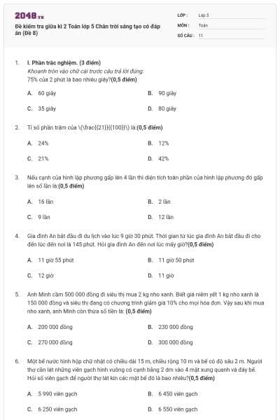 Đề kiểm tra giữa kì 2 Toán lớp 5 Chân trời sáng tạo có đáp án (Đề 8)