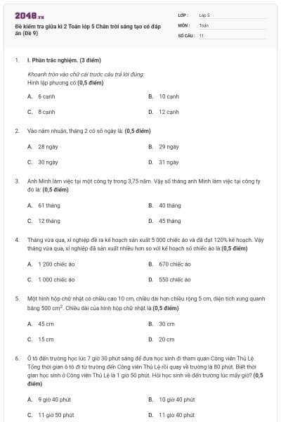 Đề kiểm tra giữa kì 2 Toán lớp 5 Chân trời sáng tạo có đáp án (Đề 9)