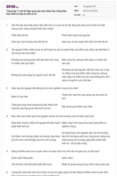 Tổng hợp 11 đề thi thpt quốc gia môn Giáo Dục Công Dân Hay nhất có đáp án (Đề số 9)
