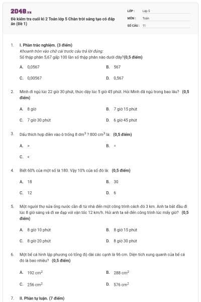 Đề kiểm tra cuối kì 2 Toán lớp 5 Chân trời sáng tạo có đáp án (Đề 1)