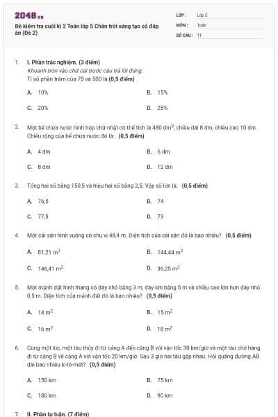 Đề kiểm tra cuối kì 2 Toán lớp 5 Chân trời sáng tạo có đáp án (Đề 2)
