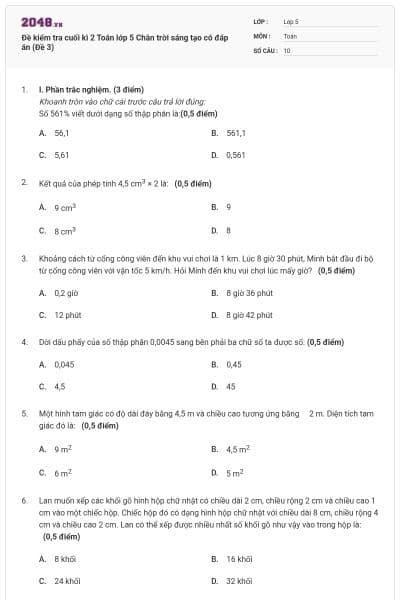 Đề kiểm tra cuối kì 2 Toán lớp 5 Chân trời sáng tạo có đáp án (Đề 3)