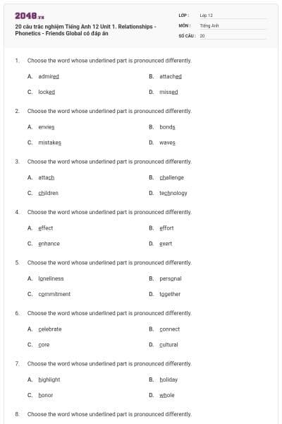 20 câu trắc nghiệm Tiếng Anh 12 Unit 1. Relationships - Phonetics - Friends Global có đáp án