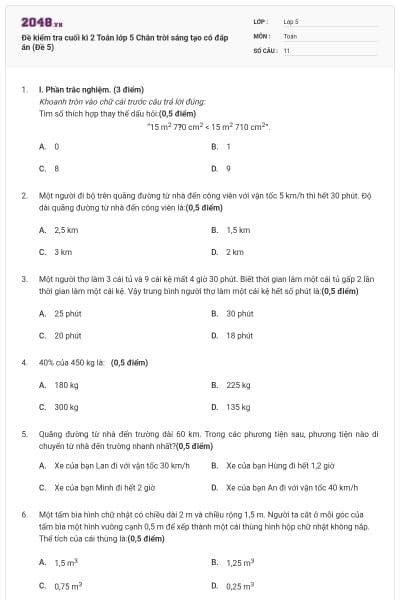 Đề kiểm tra cuối kì 2 Toán lớp 5 Chân trời sáng tạo có đáp án (Đề 5)