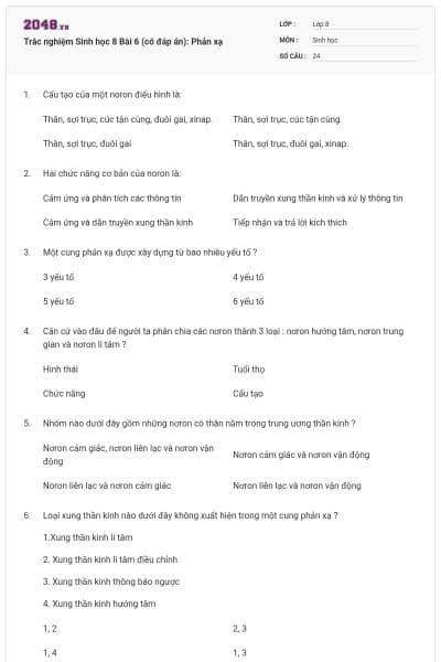 Trắc nghiệm Sinh học 8 Bài 6 (có đáp án): Phản xạ