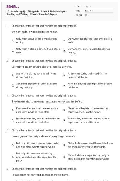 20 câu trắc nghiệm Tiếng Anh 12 Unit 1. Relationships - Reading and Writing - Friends Global có đáp án
