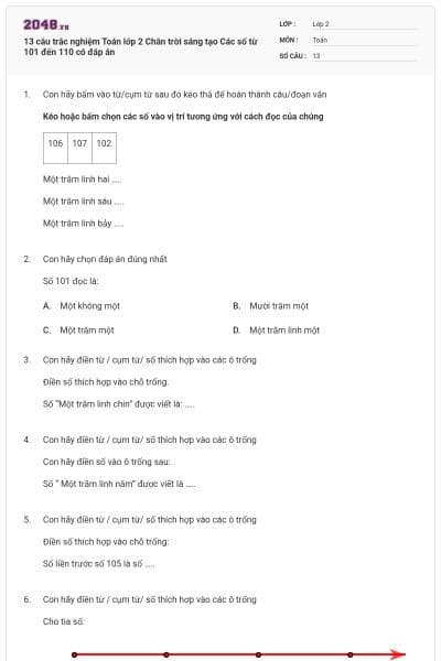 13 câu trắc nghiệm Toán lớp 2 Chân trời sáng tạo Các số từ 101 đến 110 có đáp án