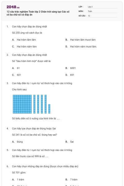 12 câu trắc nghiệm Toán lớp 2 Chân trời sáng tạo Các số có ba chữ số có đáp án
