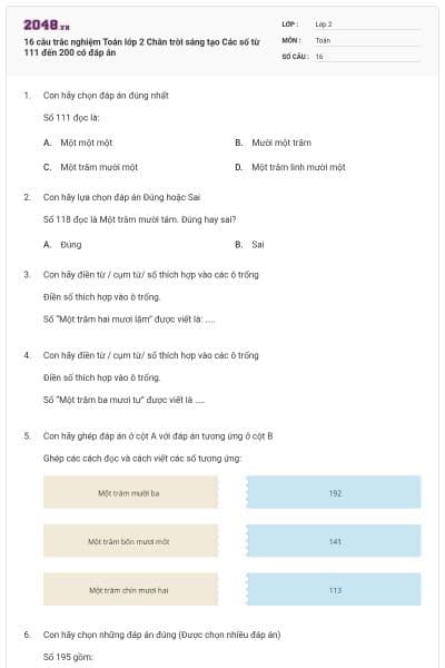16 câu trắc nghiệm Toán lớp 2 Chân trời sáng tạo Các số từ 111 đến 200 có đáp án