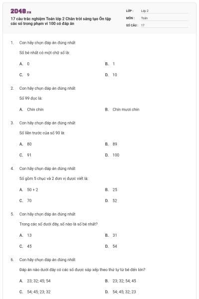 17 câu trắc nghiệm Toán lớp 2 Chân trời sáng tạo Ôn tập các số trong phạm vi 100 có đáp án