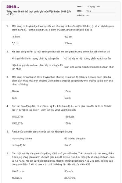 Tổng hợp đề thi thử thpt quốc gia môn Vật lí năm 2019 (đề số 22)
