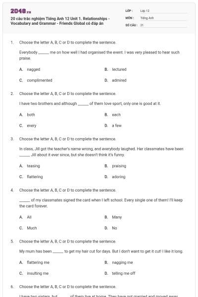 20 câu trắc nghiệm Tiếng Anh 12 Unit 1. Relationships - Vocabulary and Grammar - Friends Global có đáp án