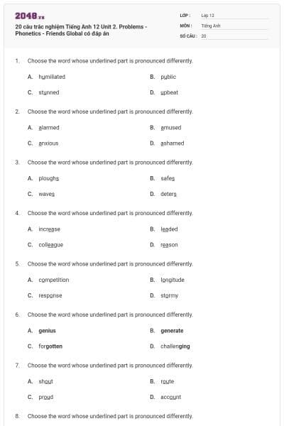 20 câu trắc nghiệm Tiếng Anh 12 Unit 2. Problems - Phonetics - Friends Global có đáp án