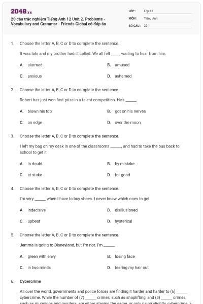 20 câu trắc nghiệm Tiếng Anh 12 Unit 2. Problems - Vocabulary and Grammar - Friends Global có đáp án