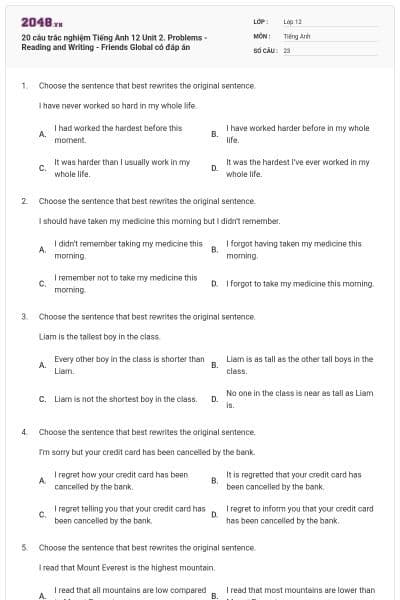 20 câu trắc nghiệm Tiếng Anh 12 Unit 2. Problems - Reading and Writing - Friends Global có đáp án