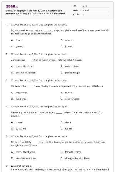 20 câu trắc nghiệm Tiếng Anh 12 Unit 3. Customs and culture - Vocabulary and Grammar - Friends Global có đáp án