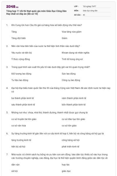Tổng hợp 11 đề thi thpt quốc gia môn Giáo Dục Công Dân Hay nhất có đáp án (Đề số 10)