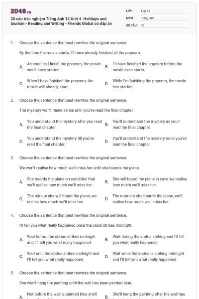 20 câu trắc nghiệm Tiếng Anh 12 Unit 4. Holidays and tourism - Reading and Writing - Friends Global có đáp án