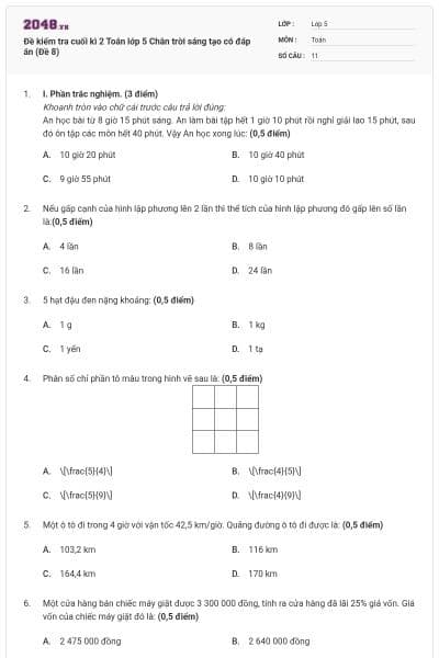 Đề kiểm tra cuối kì 2 Toán lớp 5 Chân trời sáng tạo có đáp án (Đề 8)