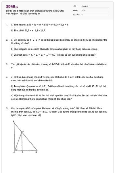 Đề thi vào 6 môn Toán chất lượng cao trường THCS Chu Văn An (TP Thủ Dầu 1) có đáp án