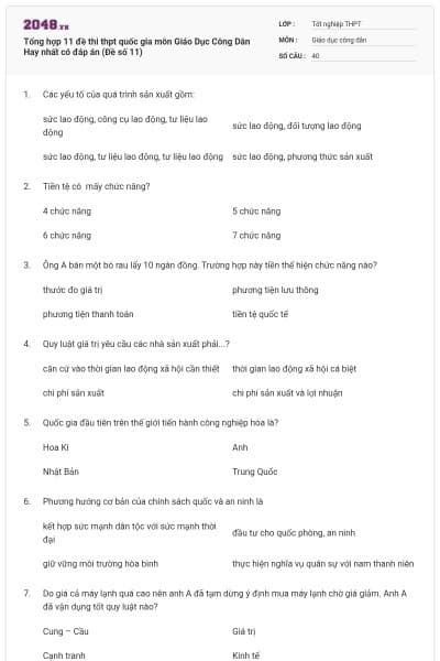 Tổng hợp 11 đề thi thpt quốc gia môn Giáo Dục Công Dân Hay nhất có đáp án (Đề số 11)